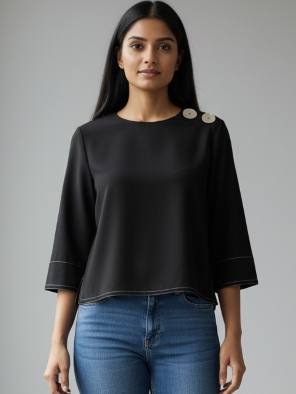 Zara Black Button-Shoulder Blouse